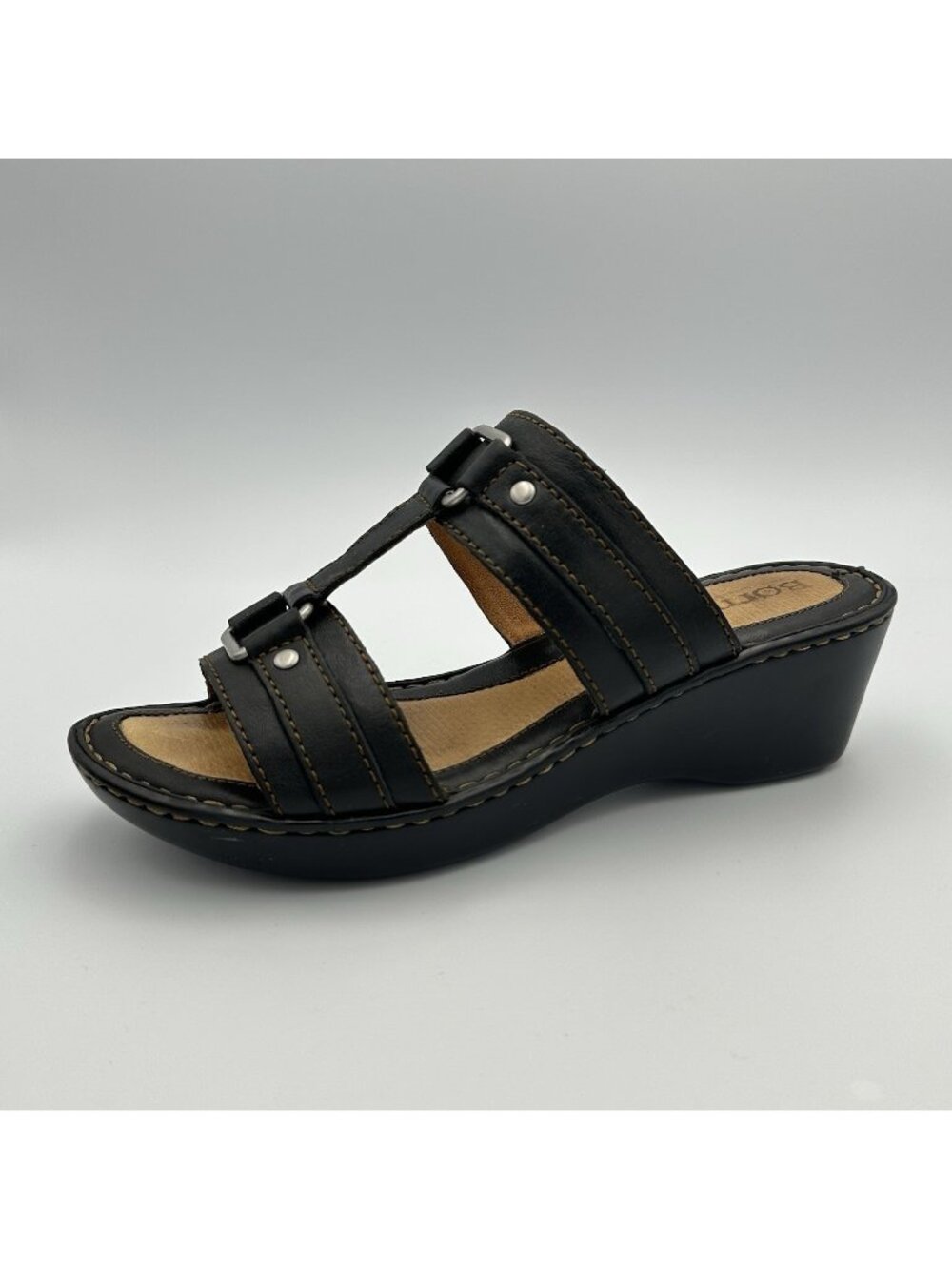 Born Women’s Size 8 US Black Leather Slip On Straps Wedge Sandals W31883